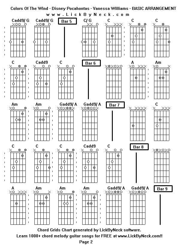 Chord Grids Chart of chord melody fingerstyle guitar song-Colors Of The Wind - Disney Pocahontas - Vanessa Williams - BASIC ARRANGEMENT,generated by LickByNeck software.